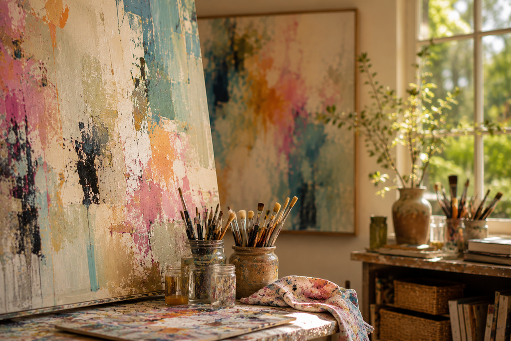 Sunlit artist studio featuring colorful contemporary abstract paintings, paintbrushes, textured canvases, and a creative workspace inspired by artistic expression and imagination.